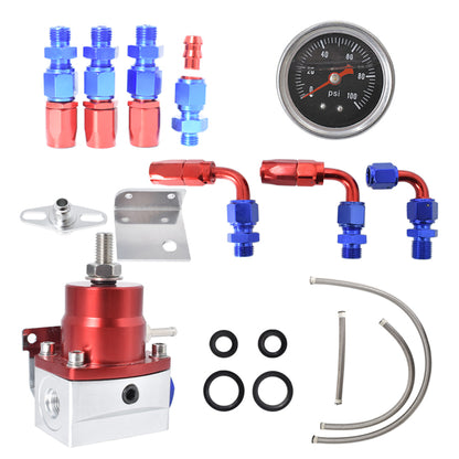 munirater Universal Adjustable Fuel Pressure Regulator Kit Aluminum with 0-100 Psi Pressure Gauge AN-6 Fuel Line Hose Fitting Connectors Kit Blue & Red