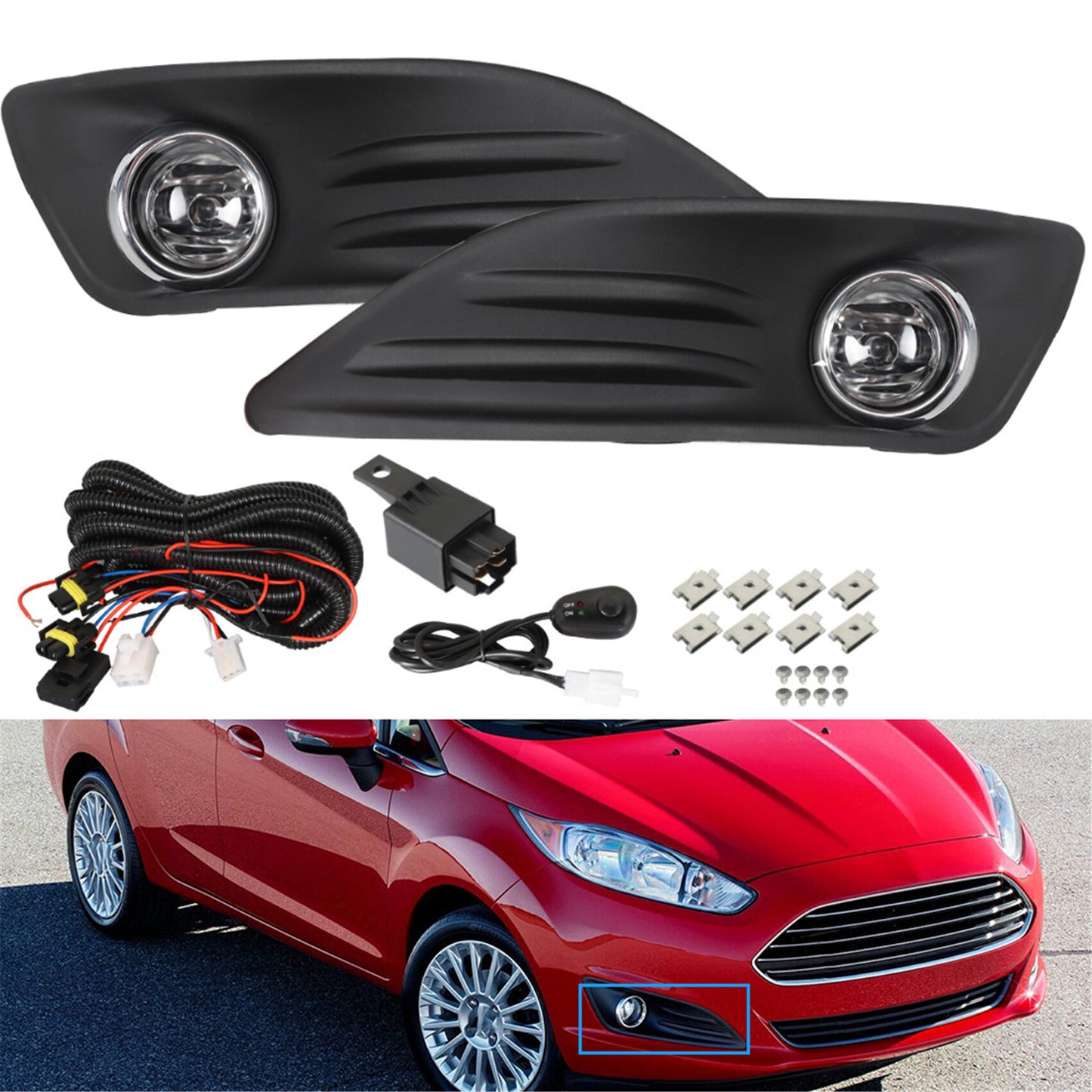 munirater 1 Pair of Driving Fog Lights Assembly + Switch + Wiring Kit Replacement for 2013-2018 Fiesta