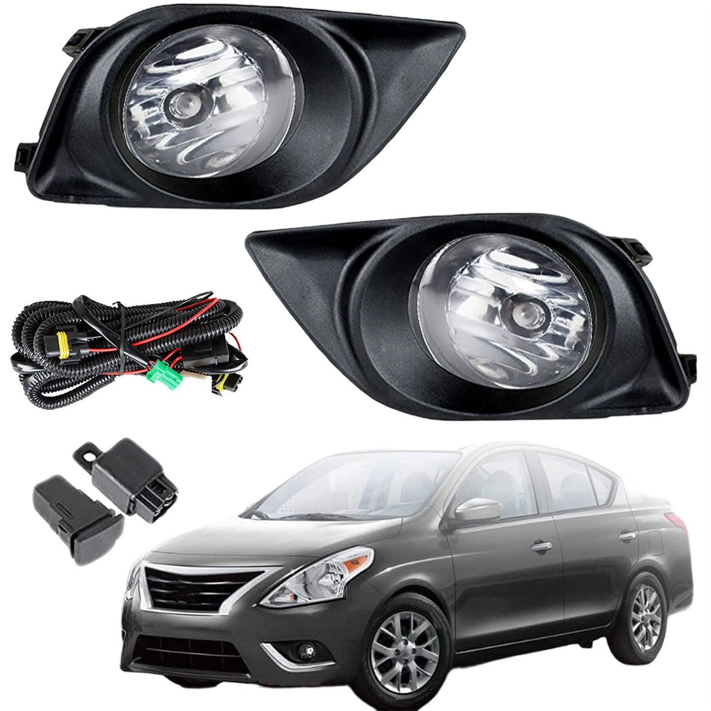 munirater 2-Pack Clear Lens Bumper Driving Fog Lights Assembly with Wiring and Switch Kit Replacement for Nissan Versa Sedan 2012-2014