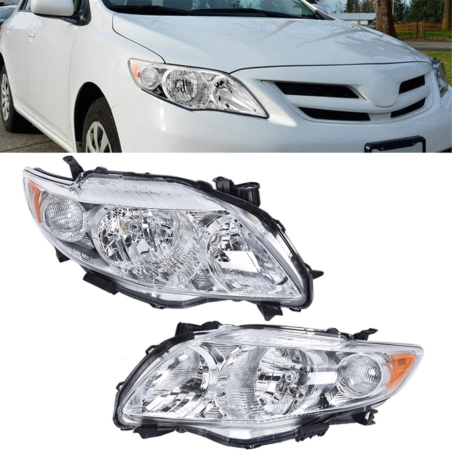 munirater Headlights For 2009-2010 Toyota Corolla Chrome w/Amber Corner Headlamp Assembly