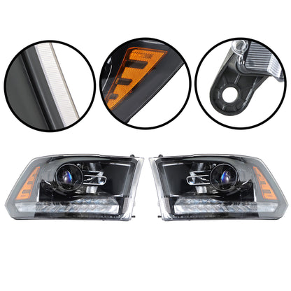 munirater Headlight w/LED DRL For 2009-2018 Dodge Ram 1500-3500 Black Housing Left+Right