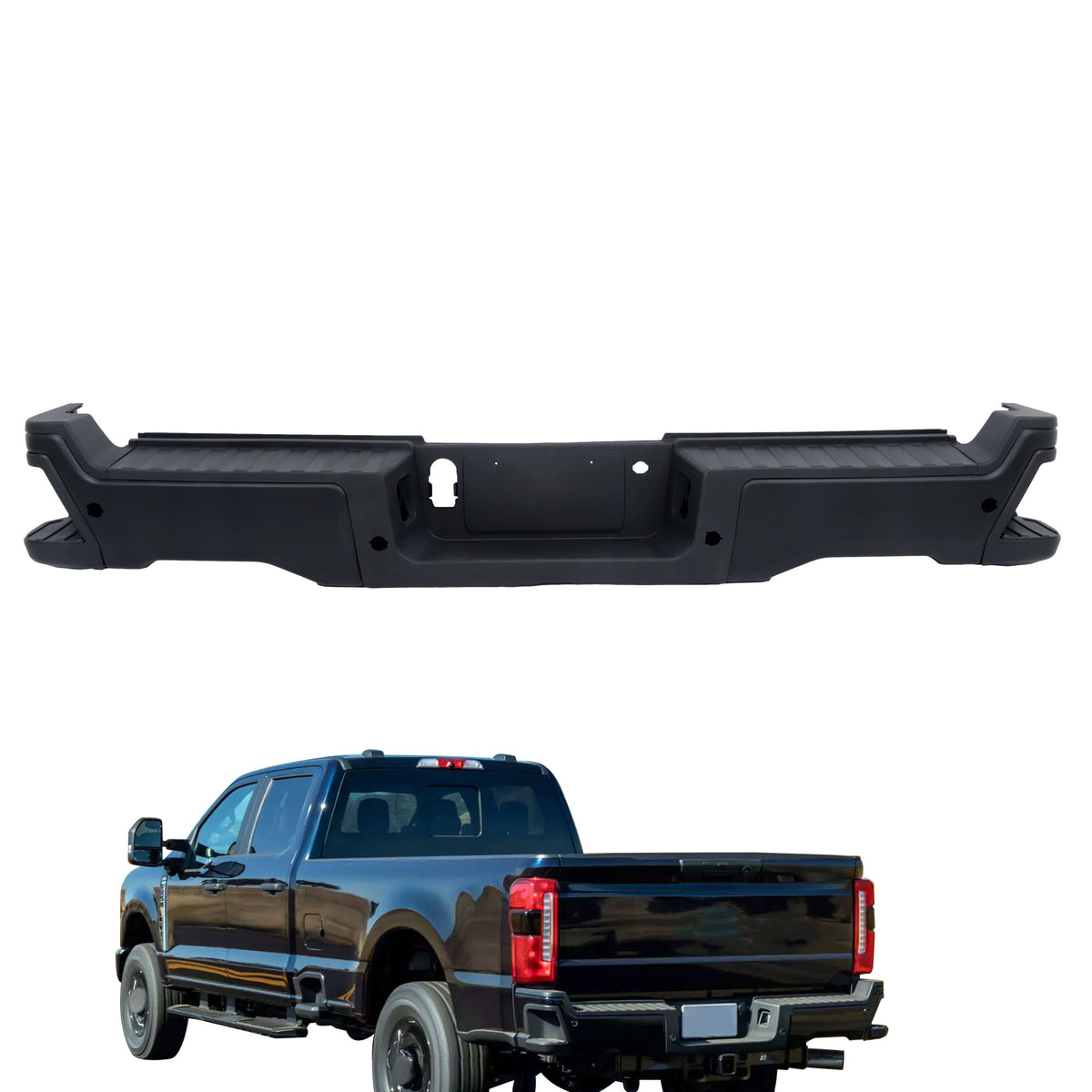 Black Steel Rear Bumper Assembly for Ford F-250 / F-350 Super Duty 2023-2024, with Sensor Holes