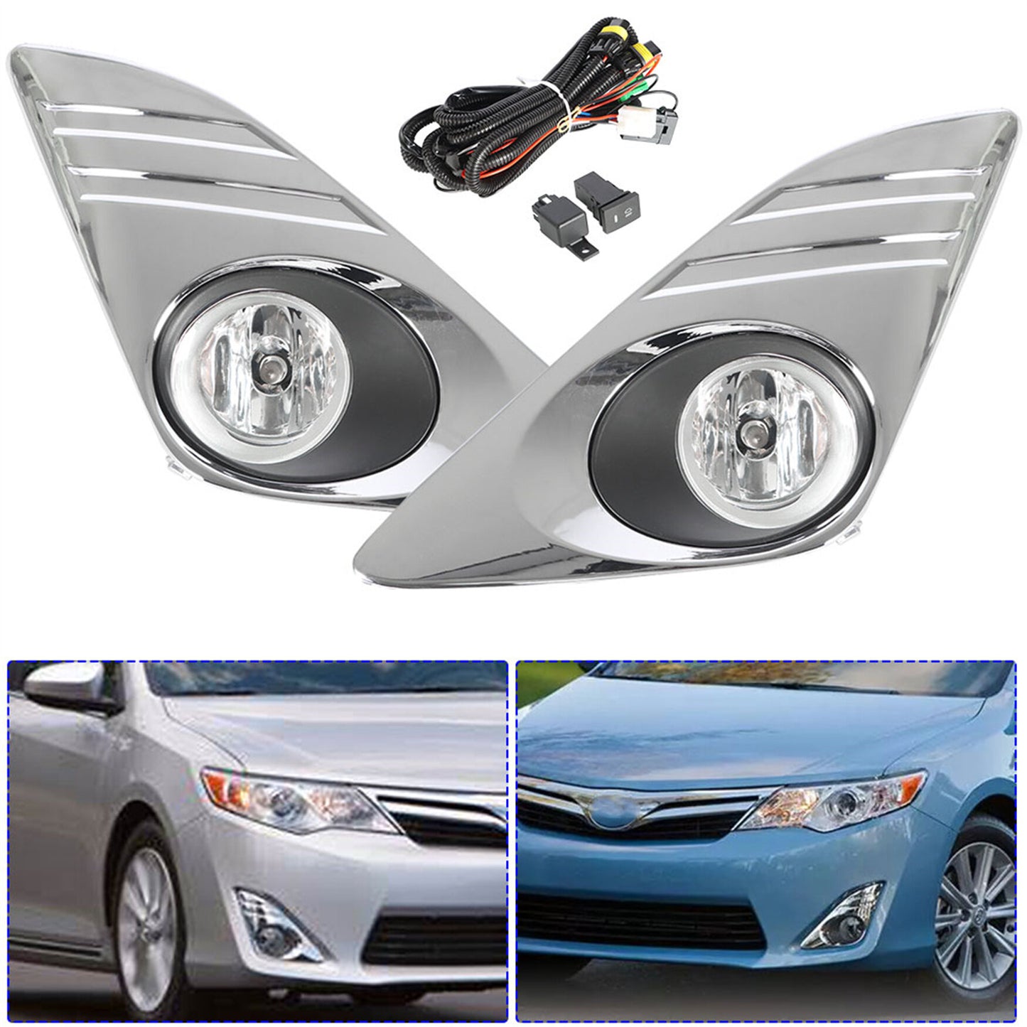 munirater Fog Lights For 2012-2014 Toyota Camry L LE XLE Chrome Cover Right+Left