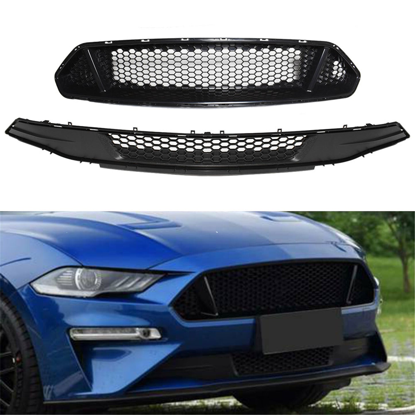 munirater Upper Lower Front Hood Bumper Grille Honeycomb Black Replacement for 2018-2021 Mustang