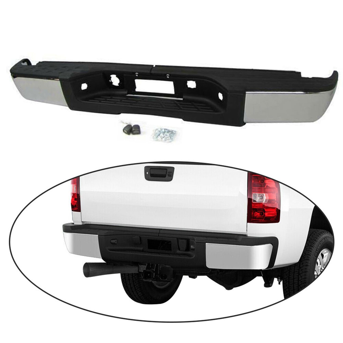 Rear Step Bumper Assembly Chrome Steel w/o Sensor Hole Replacement for 2007-2013 Silverado Sierra 1500 Truck