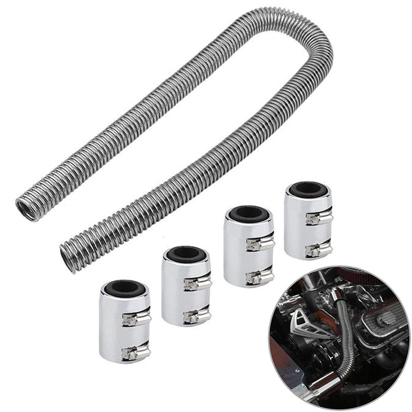 munirater 48 Stainless Steel Radiator Flexible Coolant Water Hose 4pcs Chrome Caps Silver